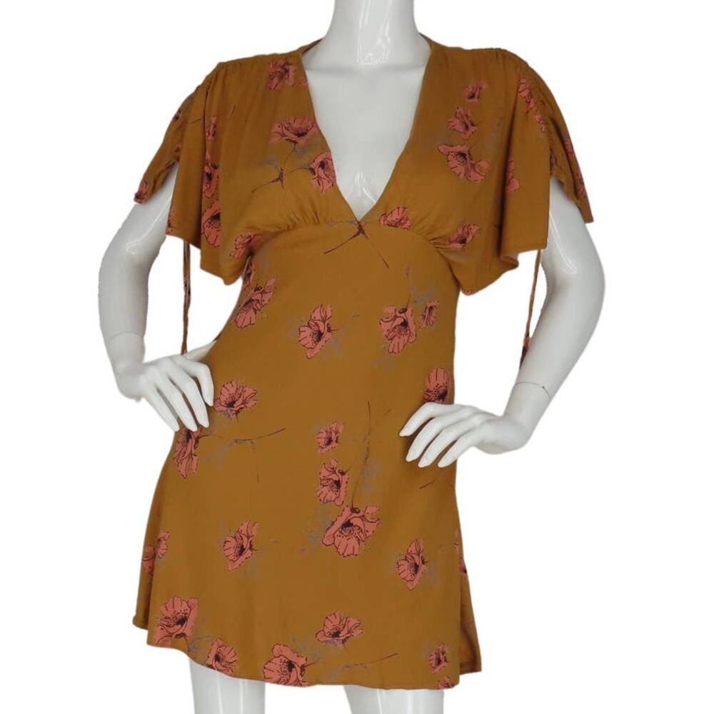 Free People Mustard Floral Drape Mini Dress